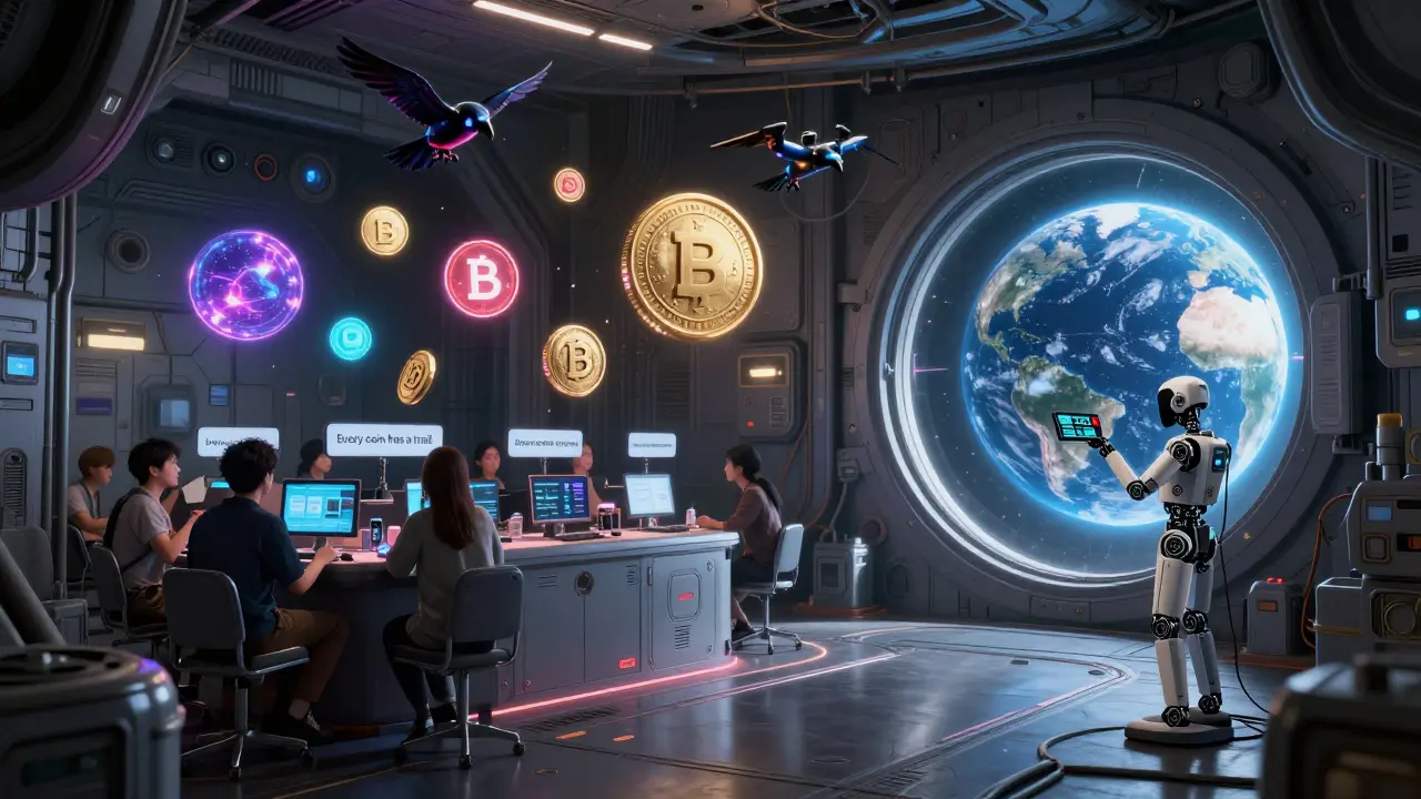 A lunar auction of seized NFTs and crypto tokens, with glowing orbs floating in zero gravity under Earth’s glow.