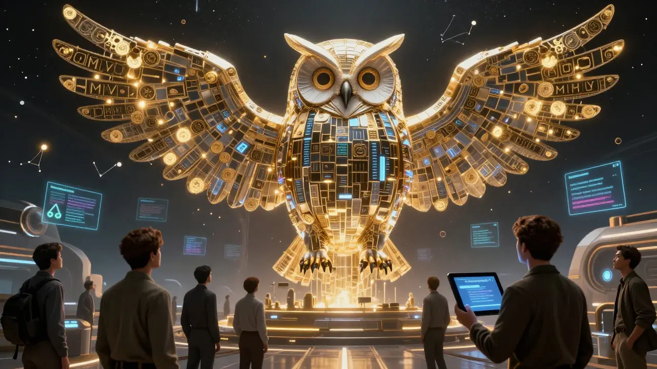 A massive AI owl made of blockchain data hovers over skeptical space traders in a derelict trading hub.