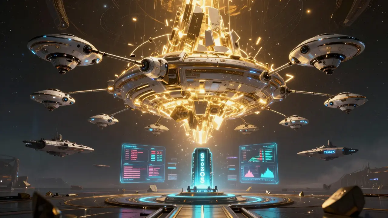 A massive orbital station powered by sharding technology, with AI agents managing transactions under fading price charts.