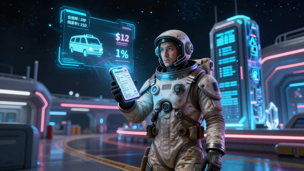 A migrant worker on a spaceport platform views a holographic transaction showing a 1% fee replacing a costly legacy transfer.