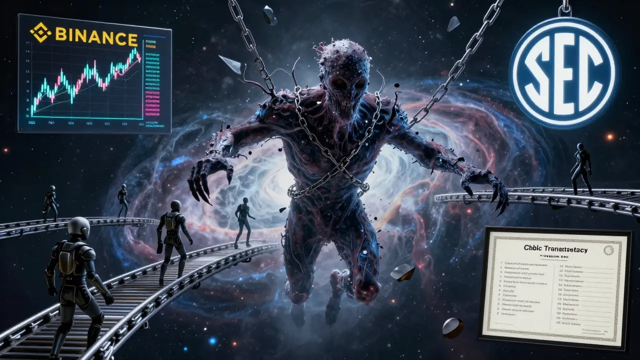 A monstrous entity made of unverified financial claims is restrained by symbols of regulation and transparency.