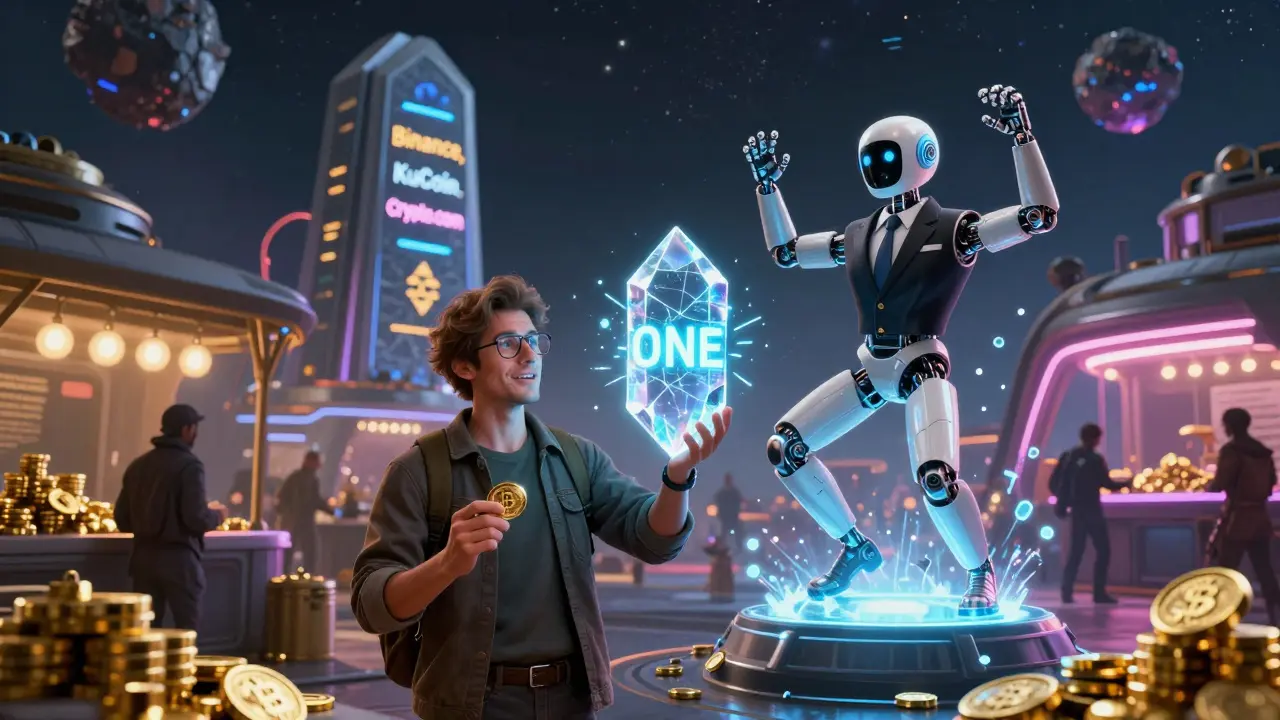 A neon asteroid marketplace where an AI agent creates a meme of a robotic Armani suit, beside the last trusted crypto exchanges.