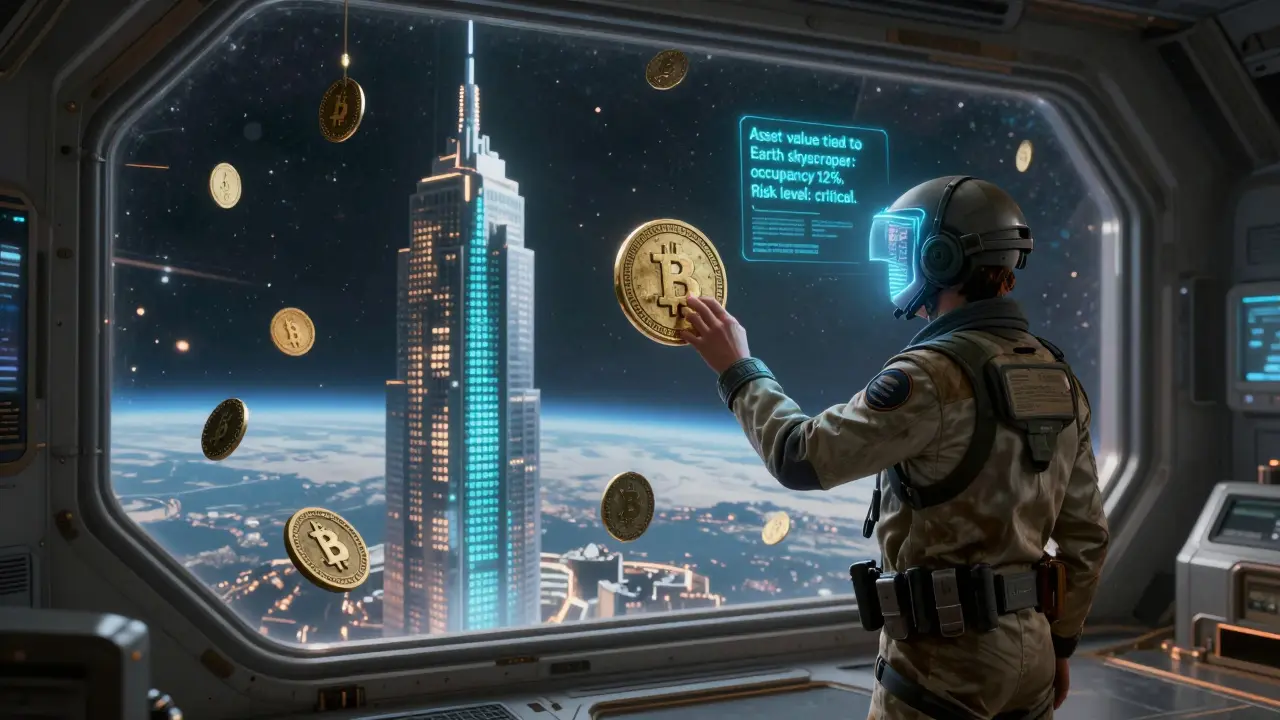 A pilot discovers forgotten security tokens in a derelict space exchange, with a hologram showing declining asset value beneath a rising tokenized skyscraper.