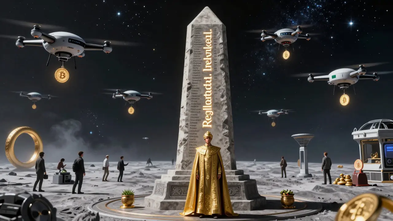 A regulator rewrites crypto laws on a massive obelisk as licensed stablecoins flow to orbital nodes.