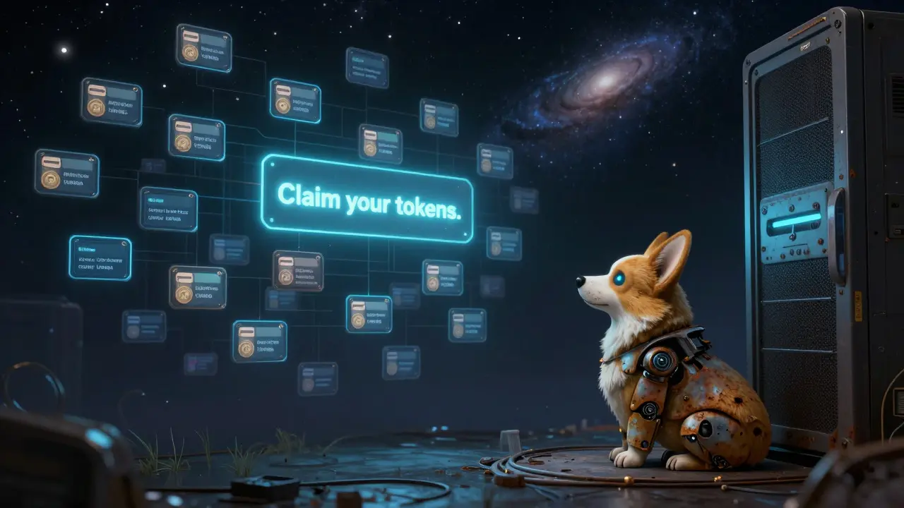 A rusted robotic corgi sits beside dormant wallet pods, while distant stars shine with the names of successful crypto projects.