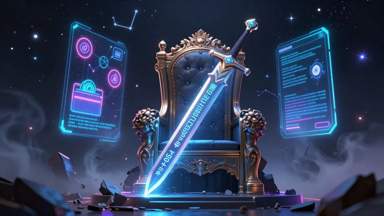 A sentient NFT sword floating above a throne, glowing with holographic history and a floating wallet portal.