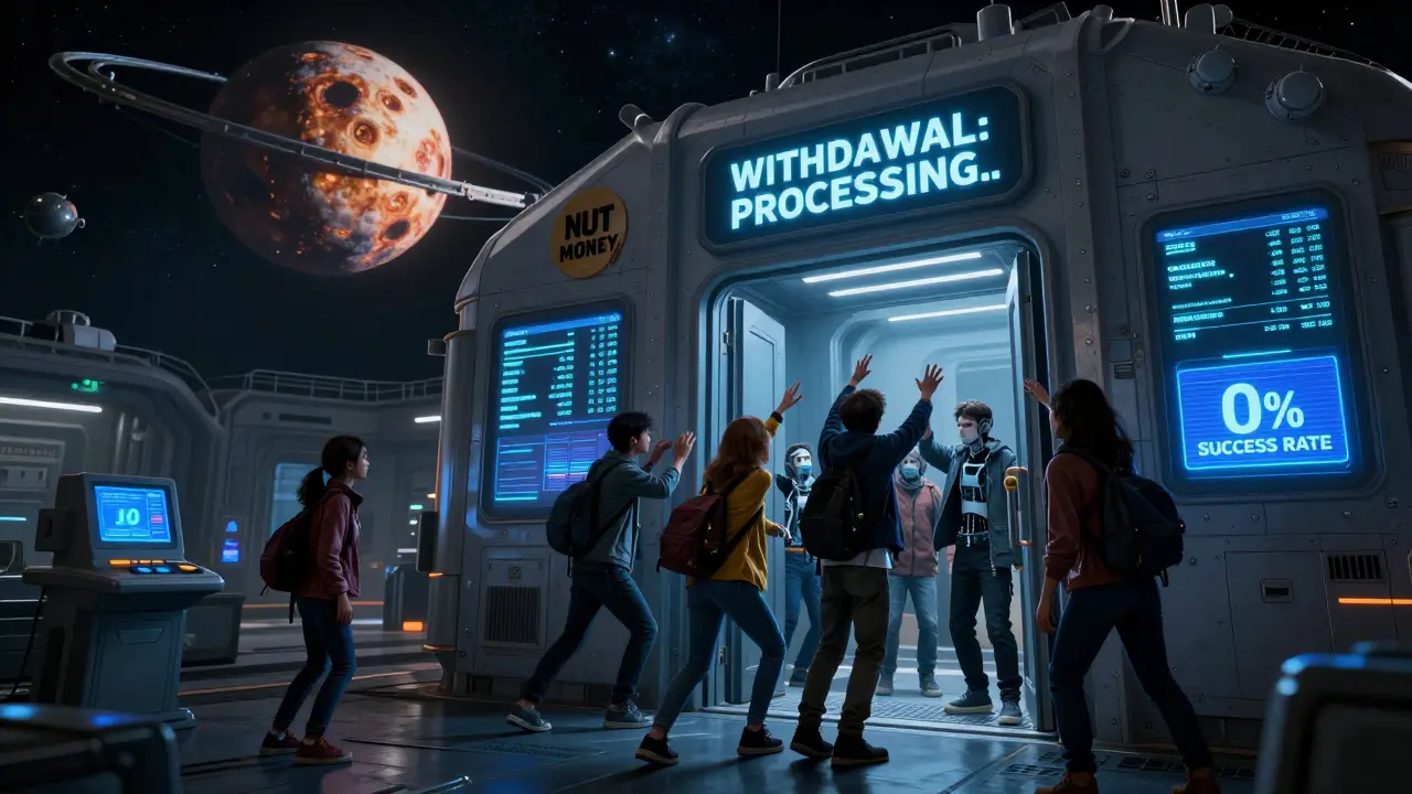 A space station with fake crypto trading screens shows desperate users trapped before a locked withdrawal door.