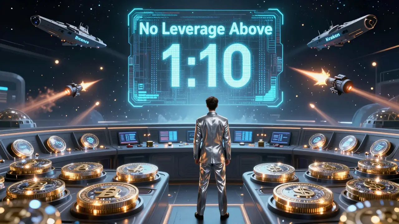 A trader facing 26 glowing coin cores as holographic compliance shields block wild altcoin attacks from distant warships.