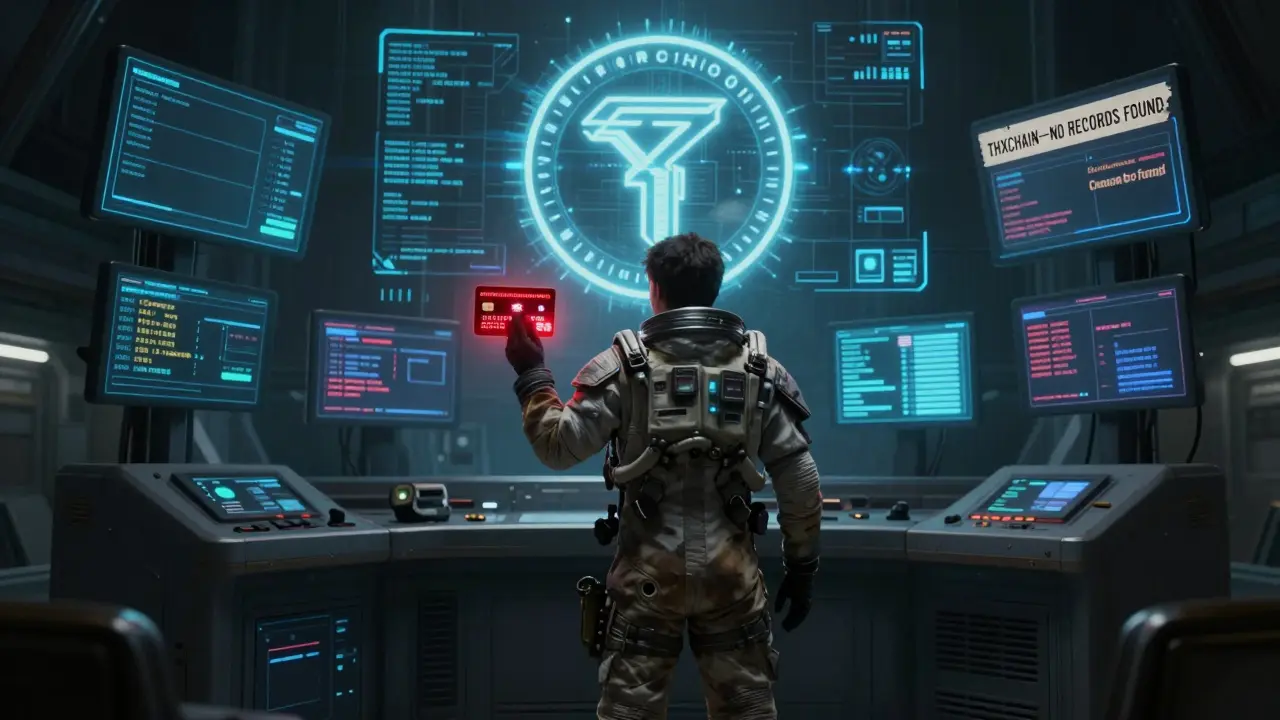 A trader reaches for a dangerous terminal labeled THXCHAIN, surrounded by warnings and broken data.