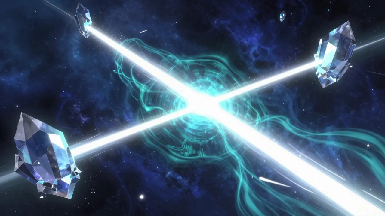 Abstract floating crystals exchanging beams of light in deep space.