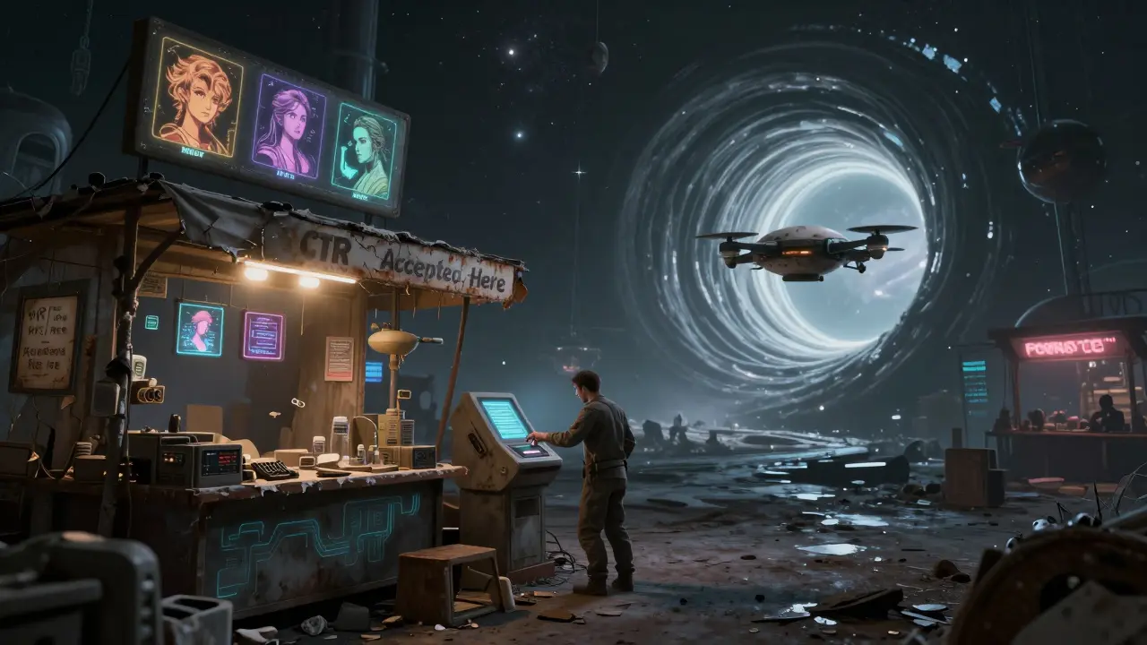 An abandoned interstellar marketplace with frozen NFTs and a broken 'CTR Accepted' sign.