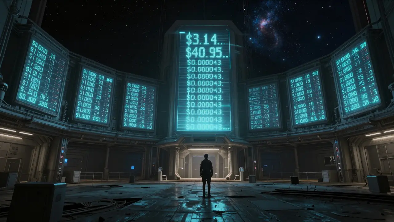 An abandoned space exchange hub has frozen price screens showing <h2>Why DraftCoin Still Exists</h2>.00043, while a dying AI whispers false predictions.