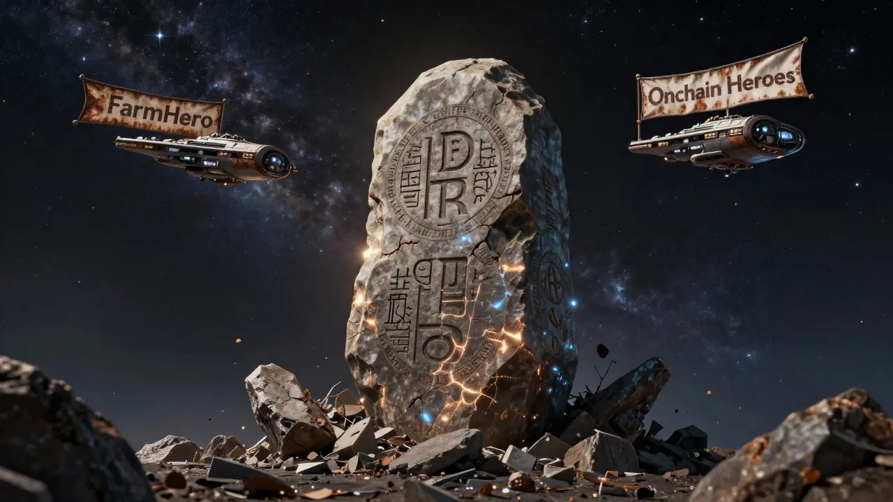 An ancient blockchain oracle stone glows faintly as two spectral ships drift apart in deep space.