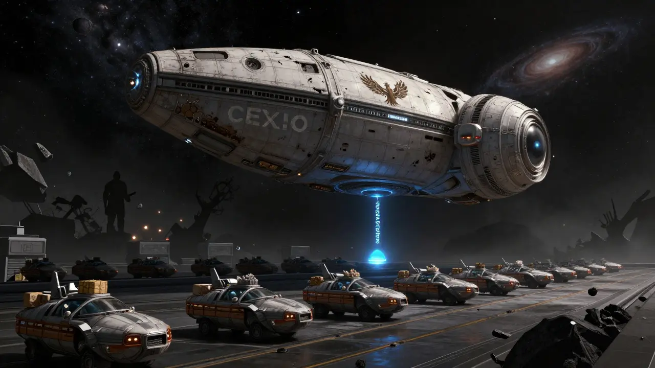 An ancient space station stands intact amid the ruins of collapsed exchanges, with ships arriving from many worlds.