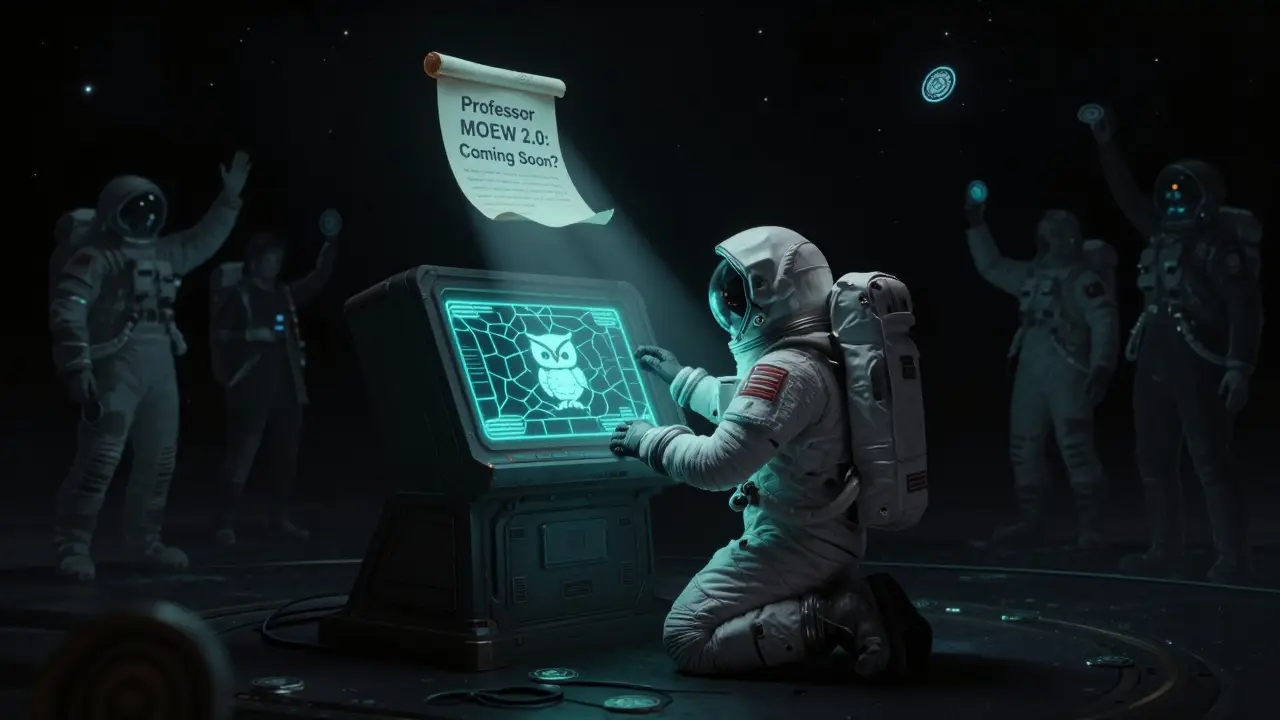 An astronaut stares at a cracked terminal showing the MOEW token, surrounded by fading echoes of past traders in deep space.