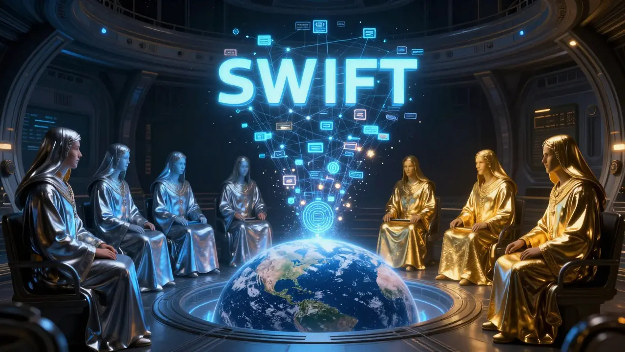 Central bank leaders in metallic robes debate global finance as legacy systems dissolve and unified CBDCs rise in a cosmic constellation.