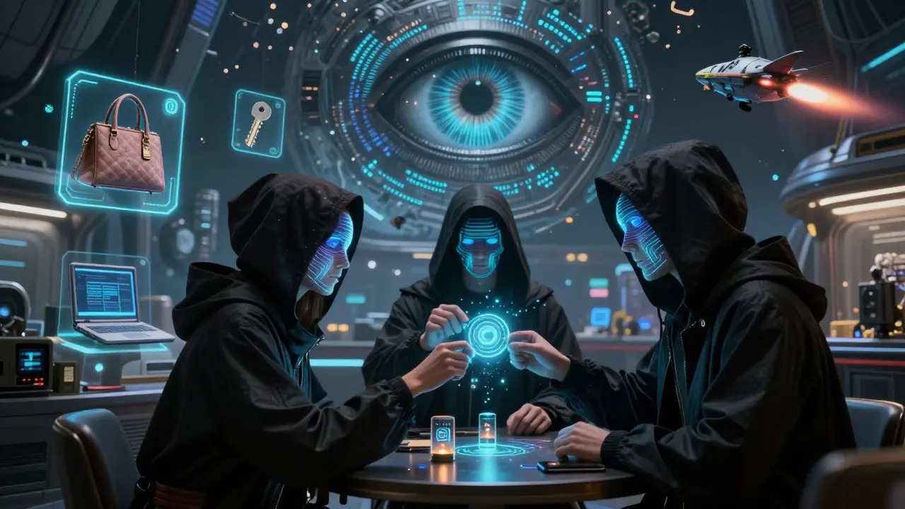 Clandestine crypto traders in a hidden orbital market exchanging NFTs as digital artifacts under a monitoring AI eye.