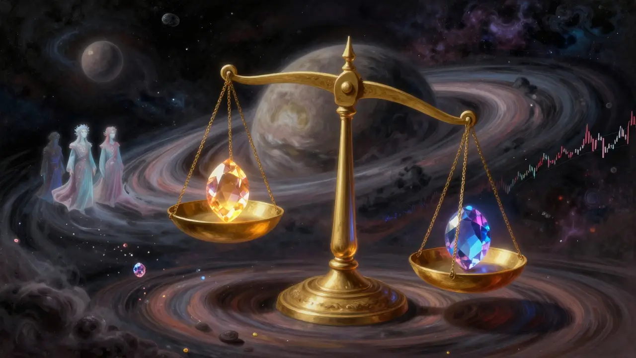 Cosmic scale balancing gems and storm clouds orbiting a black hole in deep space.