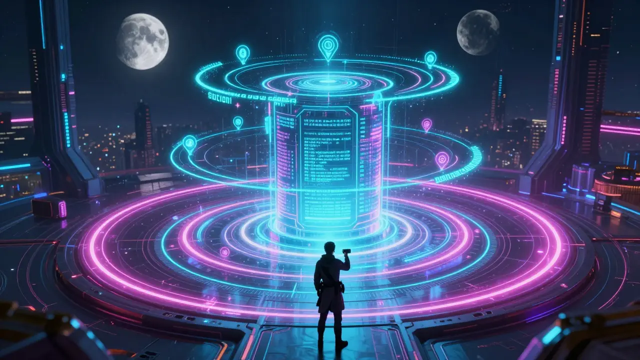 Energy rings forming around a digital core with a figure in foreground