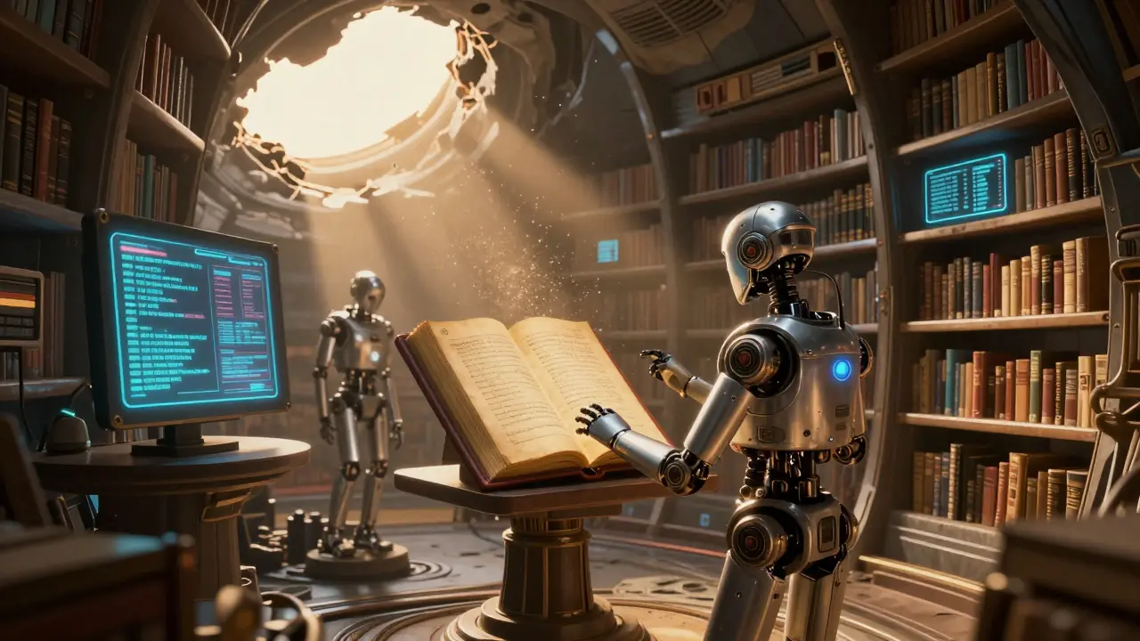 Futuristic archive interior with holographic records floating in light