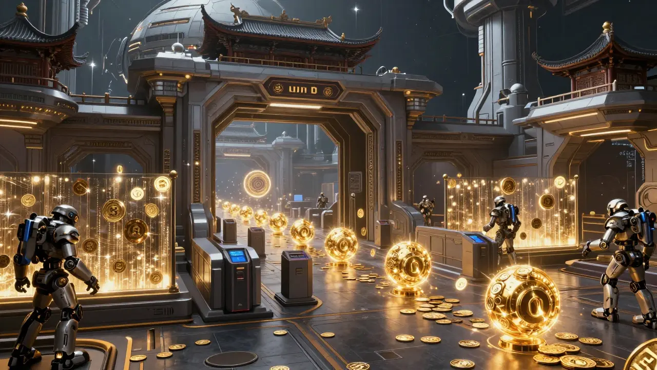 Futuristic orbital station gate filtering golden currency energy streams.
