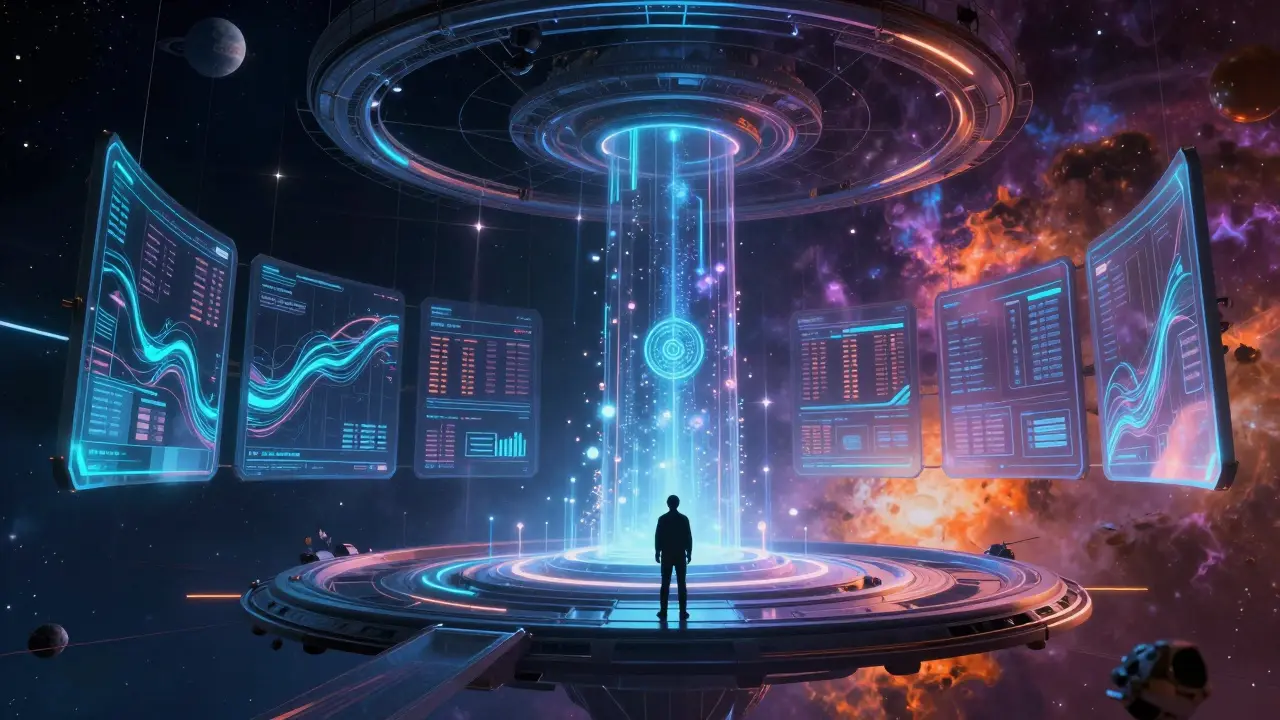 Futuristic trading interface floating in a nebula with light beams connecting different planets.