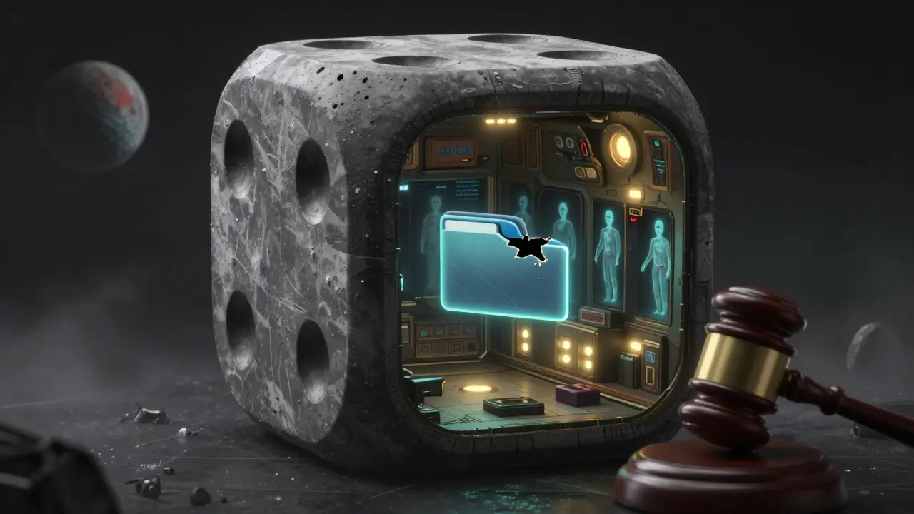 Ghostly players loop endlessly in abandoned game arenas inside a hollowed-out space dice station.