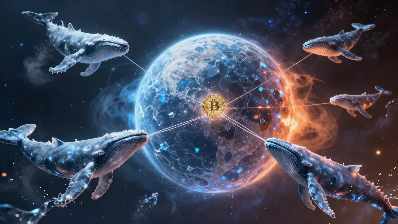 Giant crystal planet pulled by spectral entities symbolizing supply and demand.