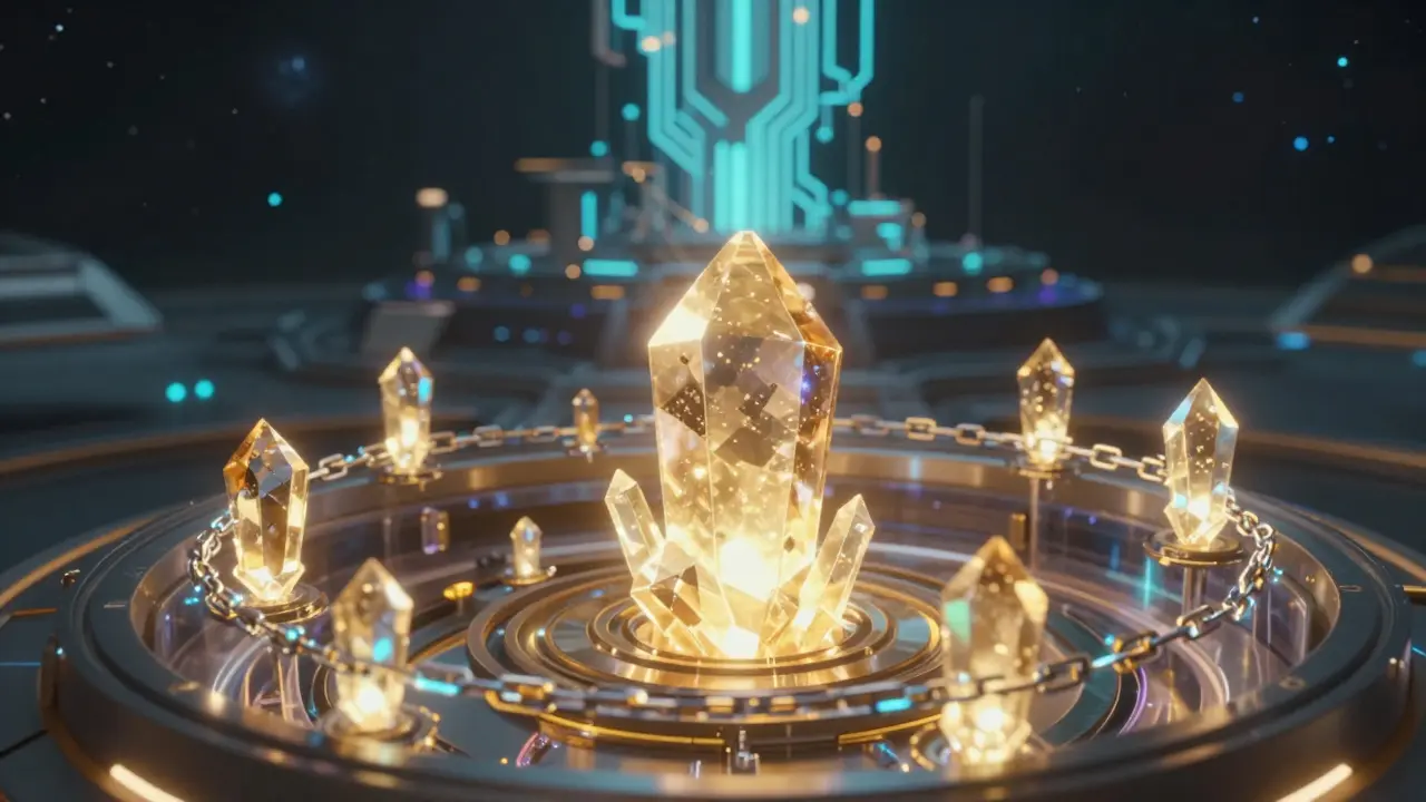 Glowing crypto tokens in a digital vault surrounded by blockchain energy chains.