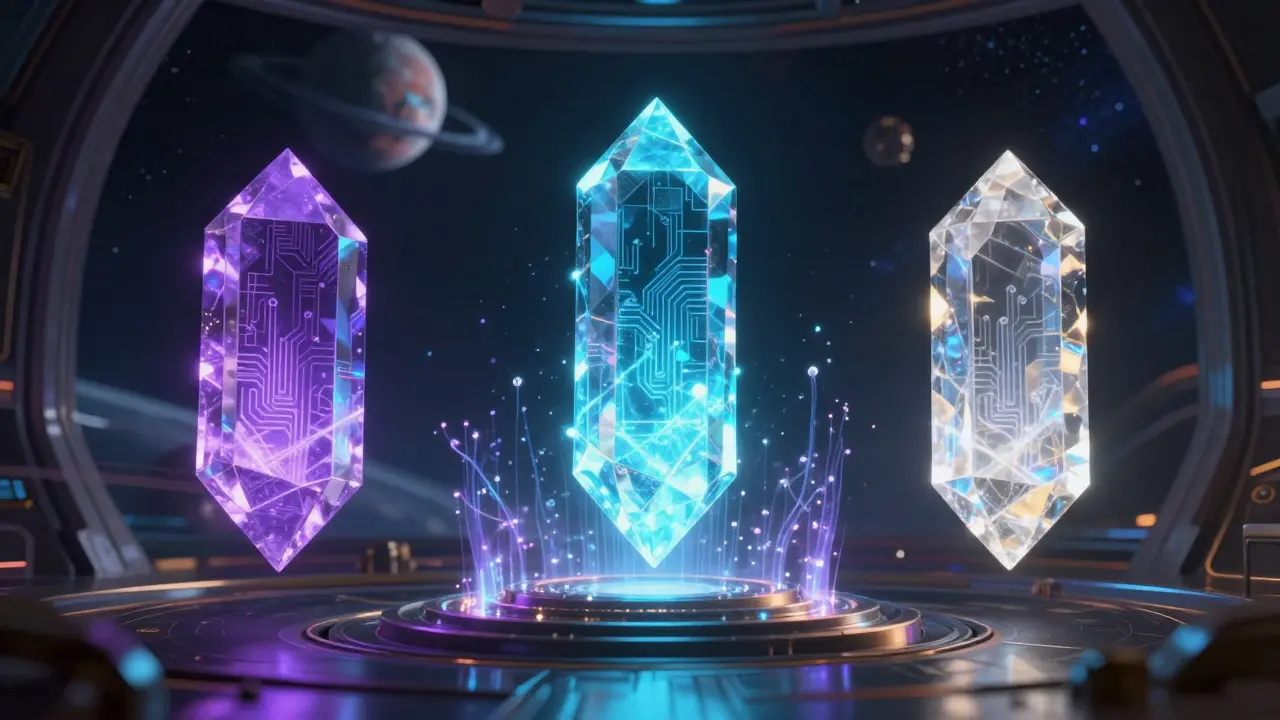 Glowing crystals categorized by light beams symbolizing asset classes