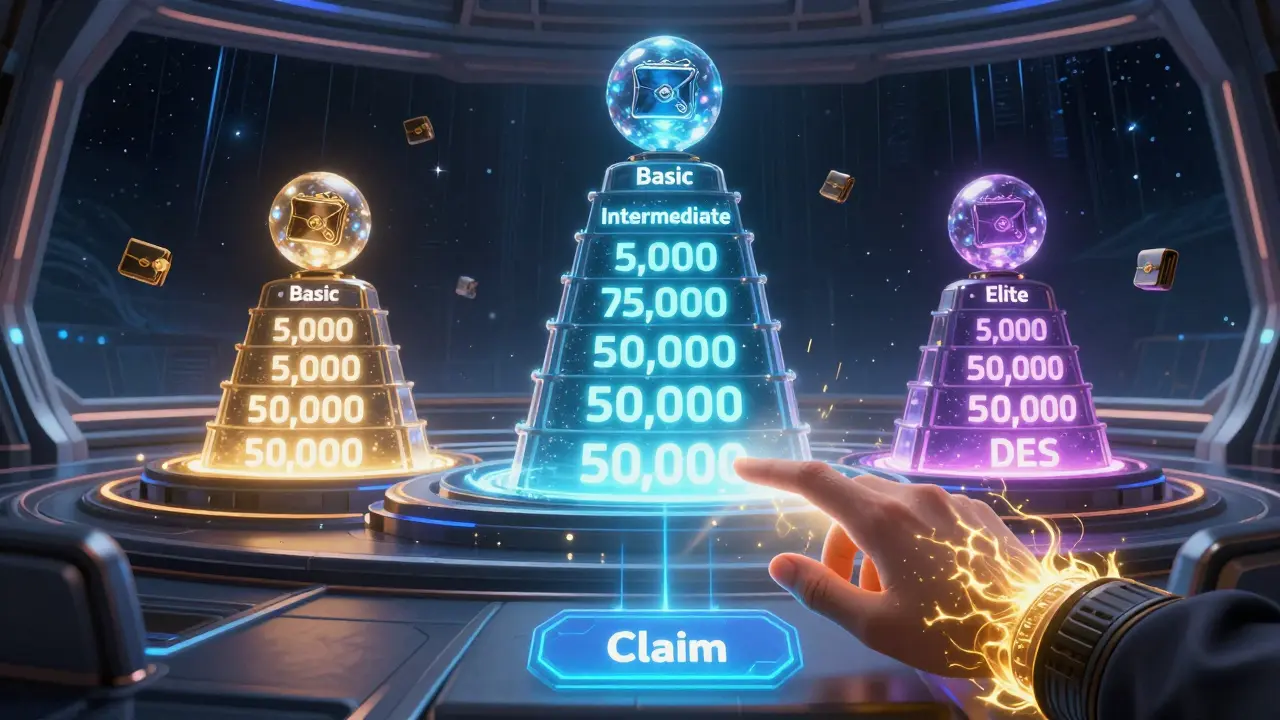 Holographic wallet tiers glowing with DES token rewards in a space command center.