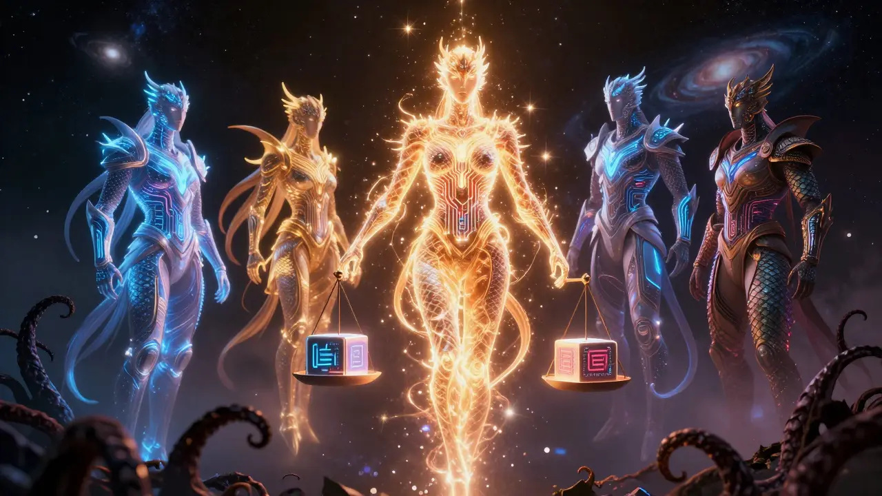 Light guardians protecting digital blocks from shadowy fraud threats.