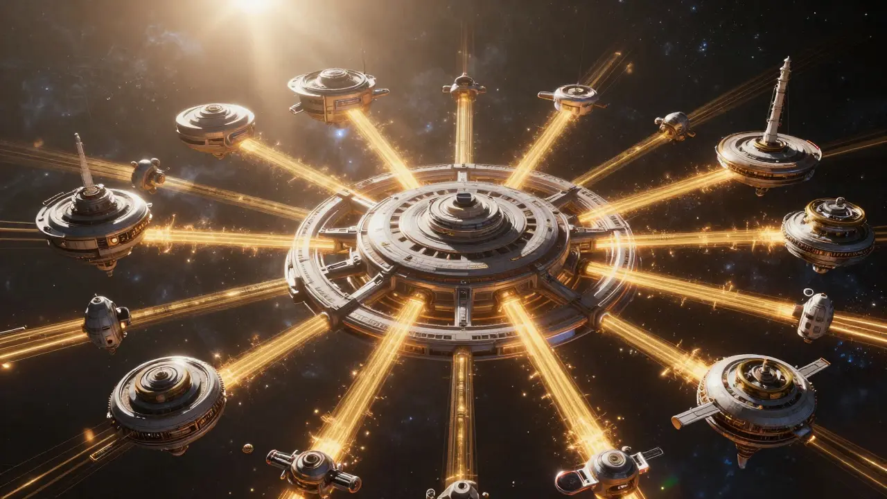 Orbital hub distributing energy to surrounding stations