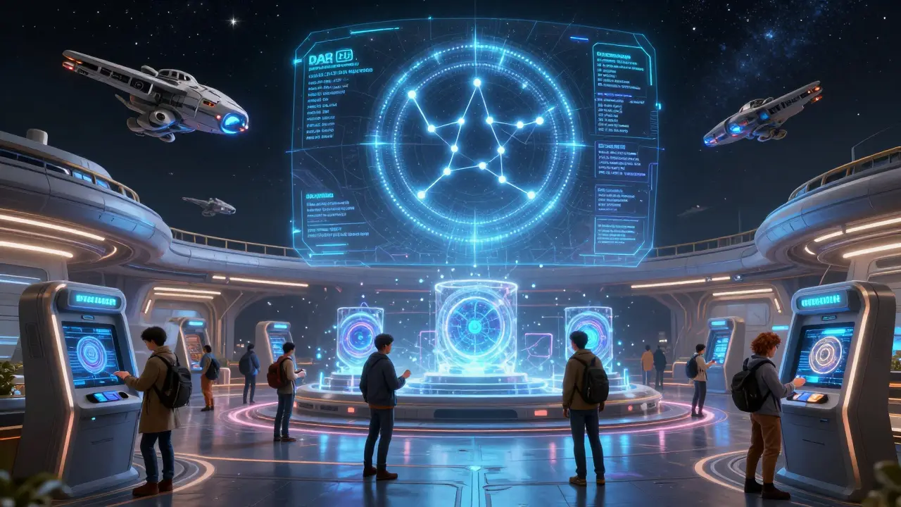 Players trade and stake D tokens at a spaceport hub while a hologram reveals the next season's reward pool.