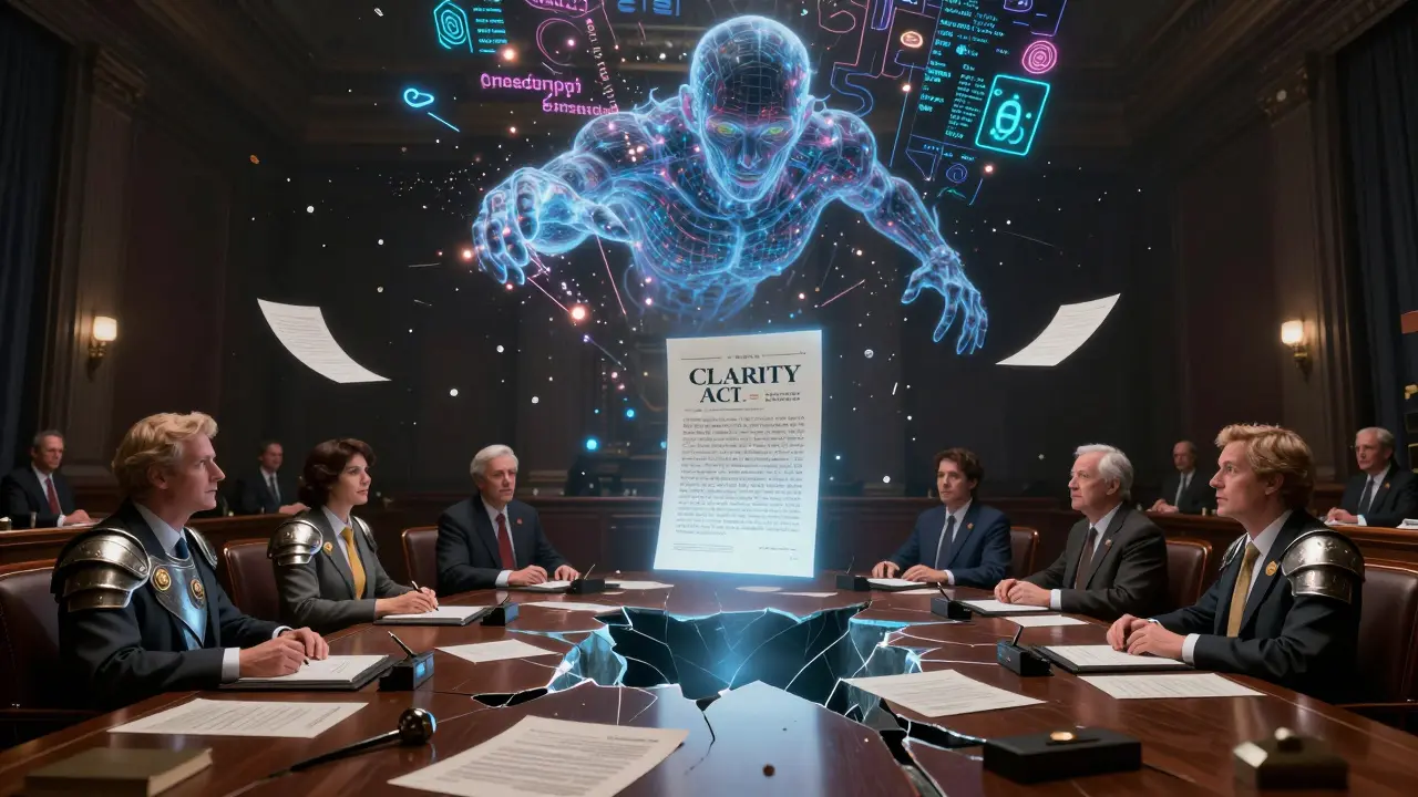 Senators in blockchain armor face off across a chasm as a spectral DeFi entity reaches out above a glowing bill in a zero-gravity Senate chamber.