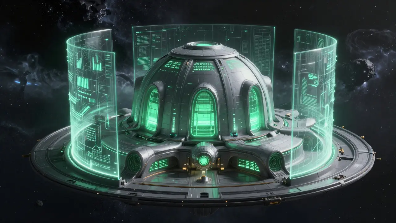 Shielded space citadel standing firm against outer cosmic storms.