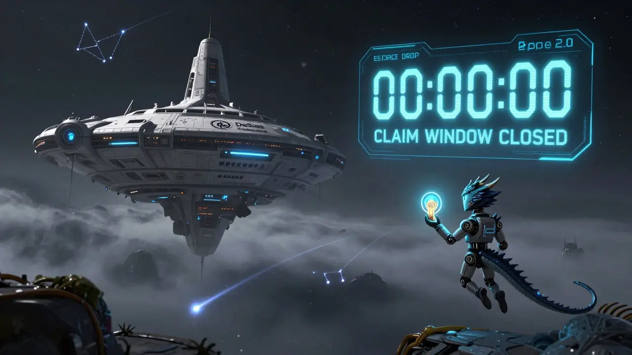Silent claim station with 'CLAIM WINDOW CLOSED' as a new DeSpace station emerges in space.