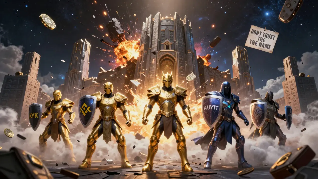 The NUT MONEY fortress explodes as heroic crypto platforms rise in radiant armor, defeating a faceless scammer entity.