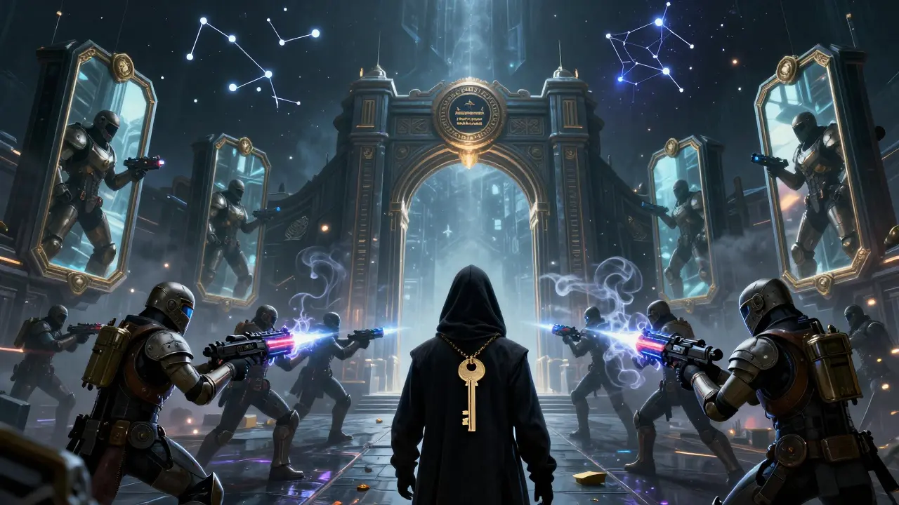 Traders charge toward a mirror fortress as a hooded figure offers a melting key, while regulatory constellations glow in the dark sky.