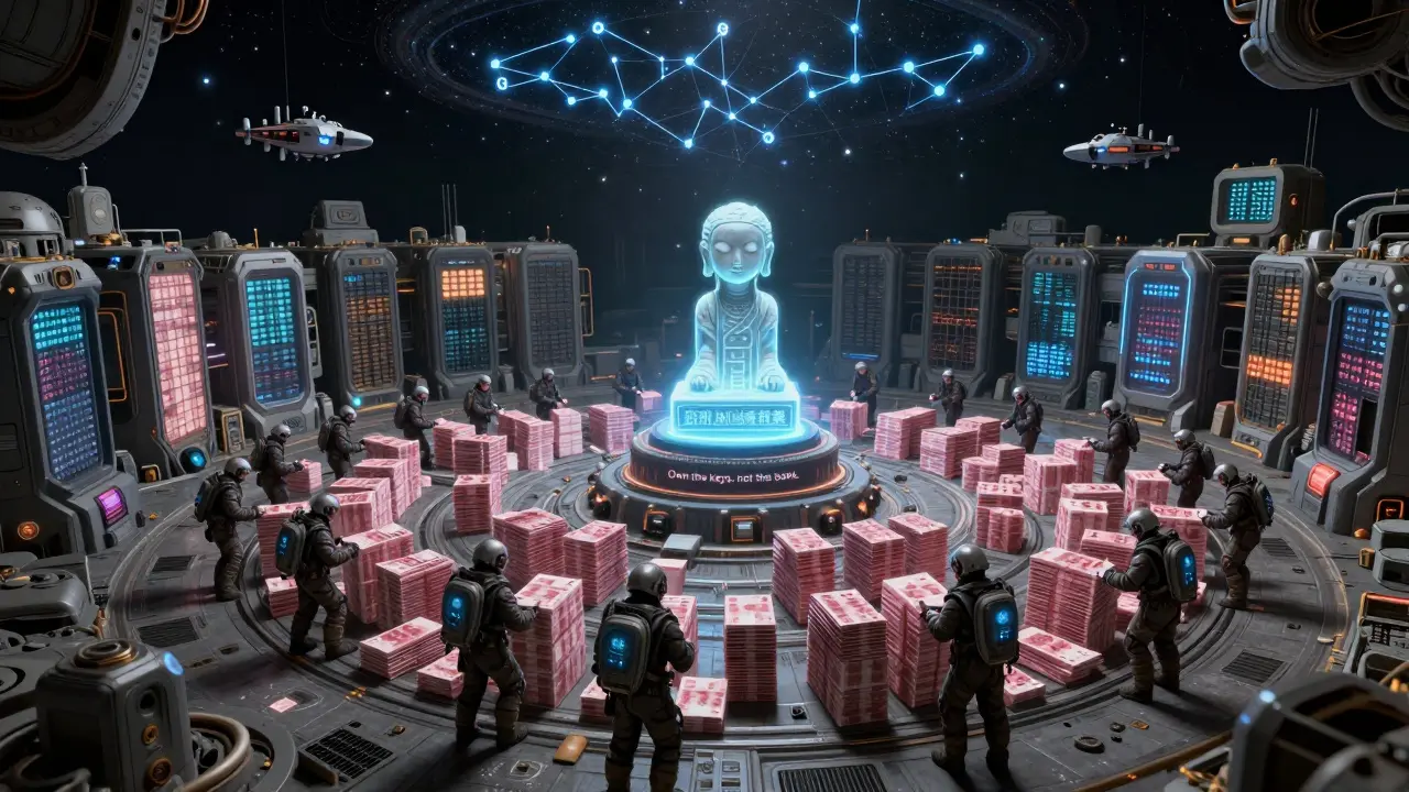 Traders in a lunar server hive splitting transactions through wormhole relays to evade imperial firewalls.