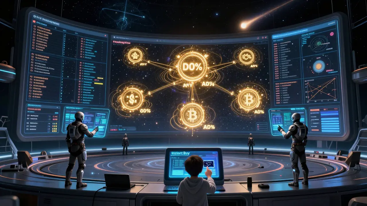 Traders in armor use holograms to set orders while staking rewards glow as auroras around crypto tokens.