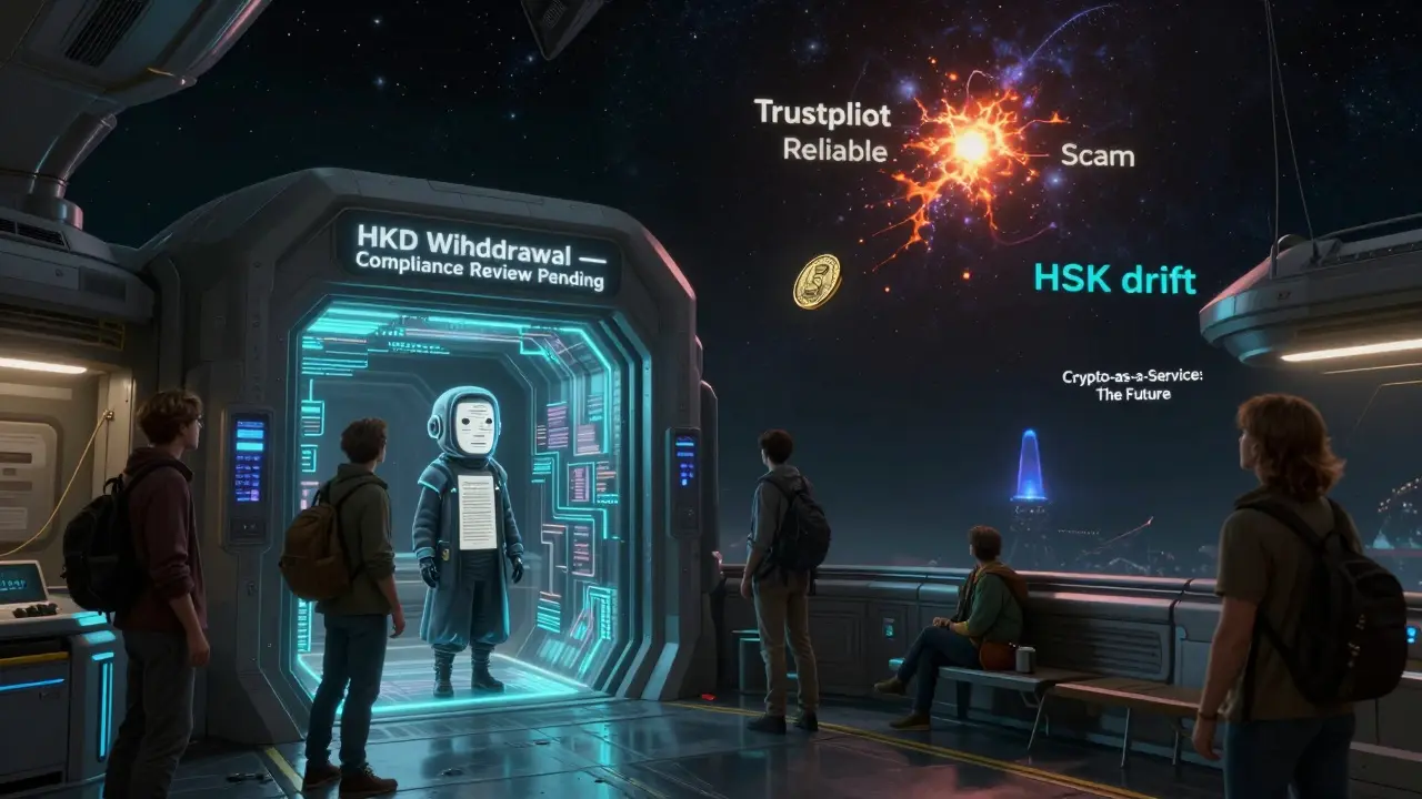 Travelers trapped at a glitching fiat gateway with an AI guardian blocking withdrawals under a flickering Trustpilot star.