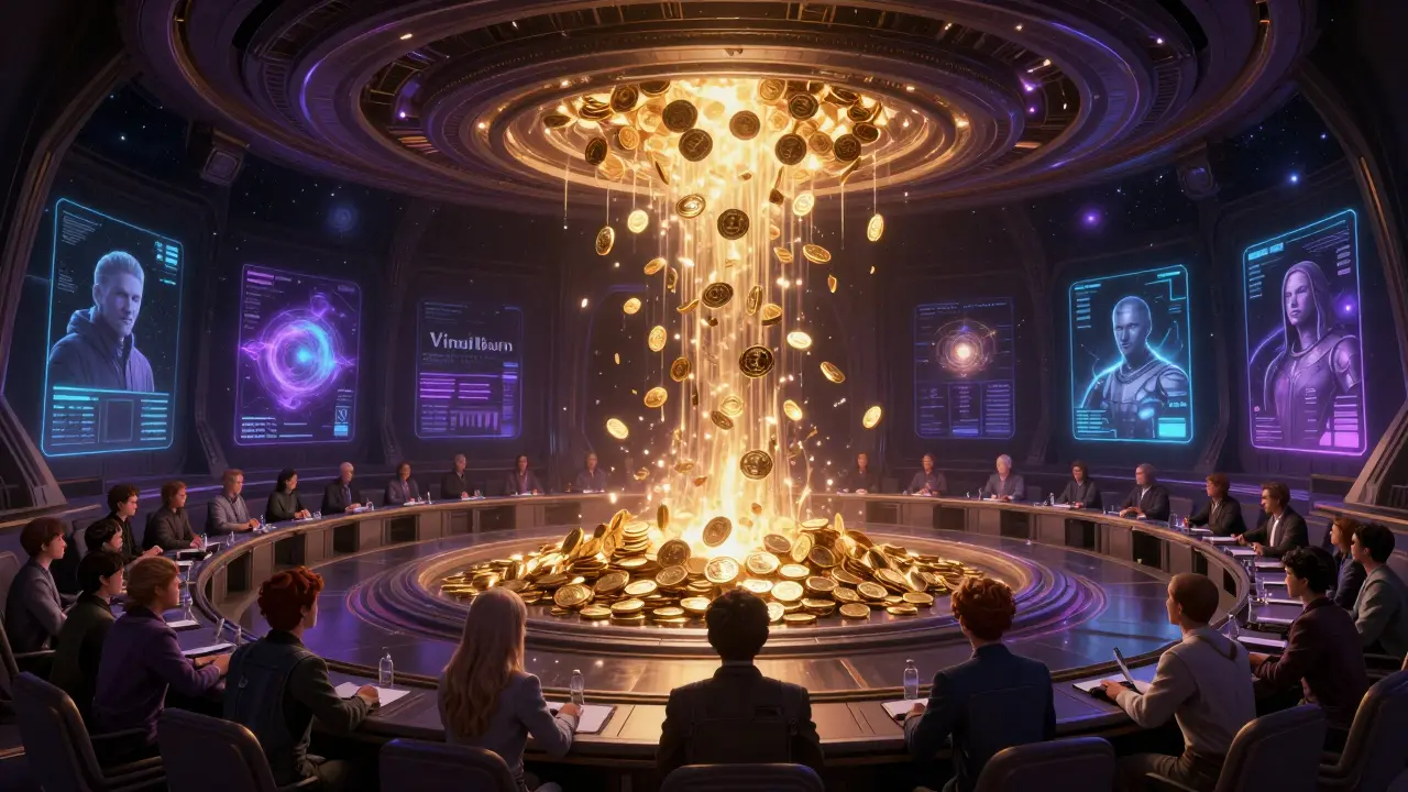 A cosmic council of beings voting near a singularity that absorbs golden digital coins.