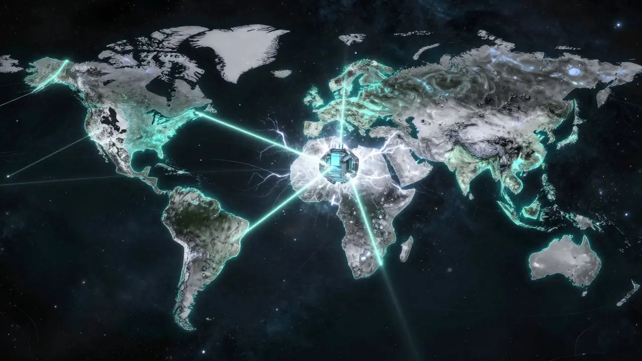 A cosmic map showing different galactic sectors connected by a glowing crystalline energy bridge.