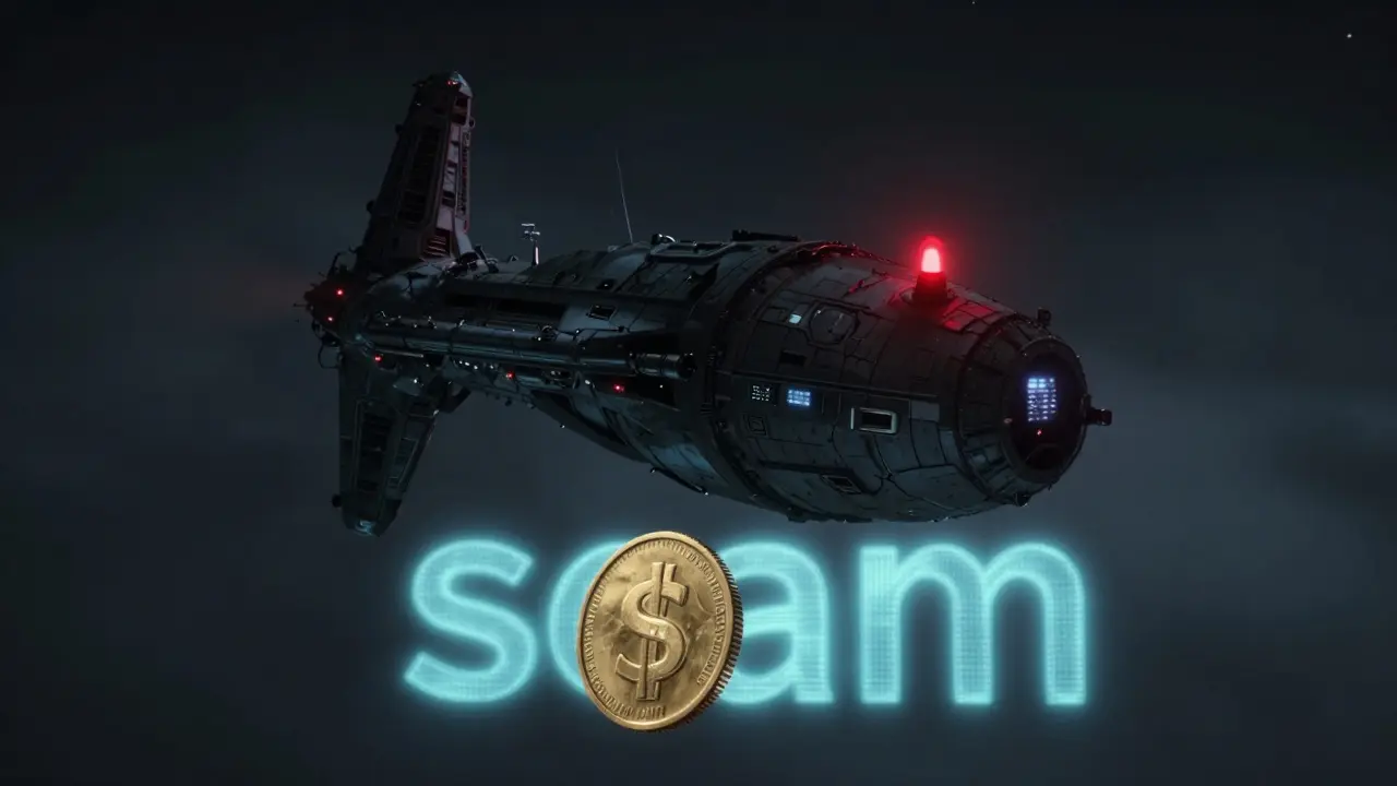 A dark, derelict space station with a flickering red light and a golden coin trap