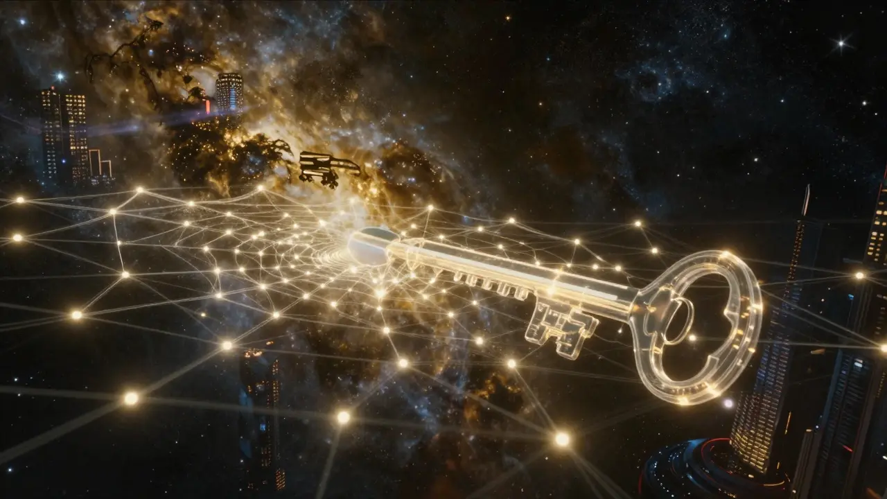 A digital cyber-web attempting to steal a glowing key in deep space