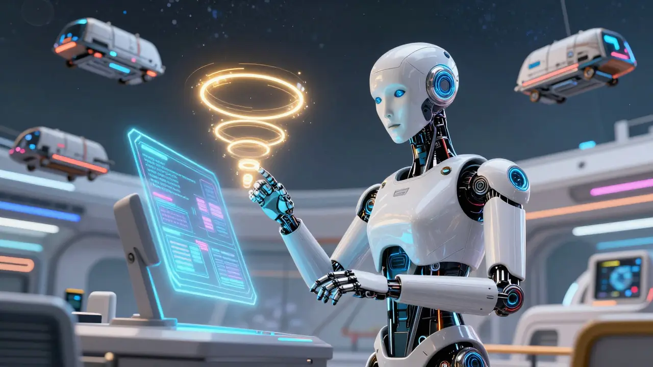 A futuristic AI android managing holographic trade contracts in a starport