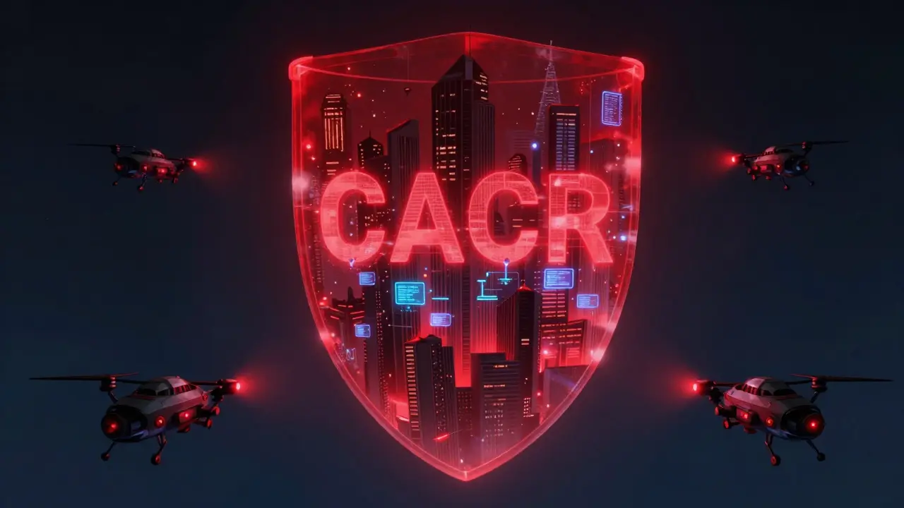A futuristic city enclosed in a red energy shield with security drones patrolling the exterior.