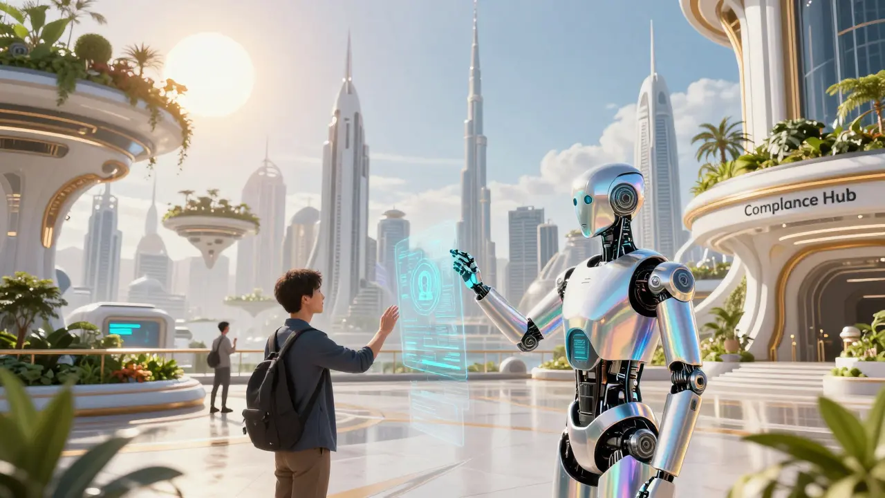 A futuristic city with a robotic sentinel scanning a digital identity crystal for compliance.