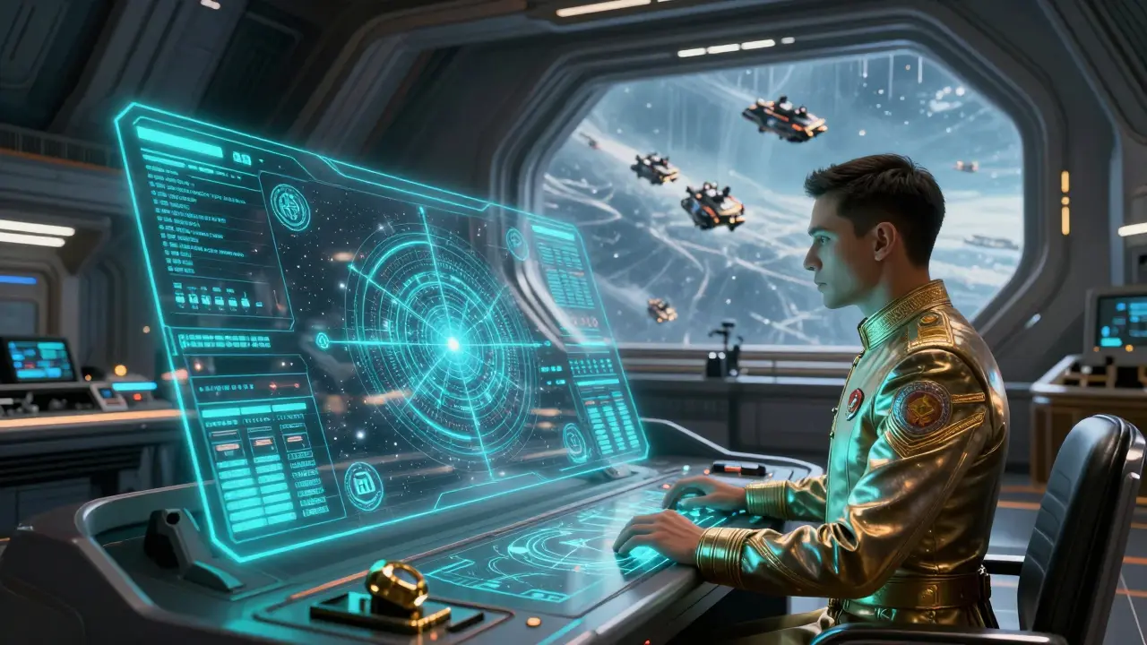 A futuristic command center with a glowing holographic identity verification console.